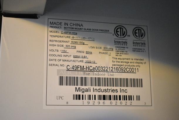 BRAND NEW! 2022 Migali C-49FM-HCe Metal Commercial 2 Door Reach In Freezer Merchandiser w/ Poly Coated Racks on Commercial Casters. 115 Volts, 1 Phase. Serial C-49FM-HCe003221216092C0011. Tested and Working! - Image 6 of 6
