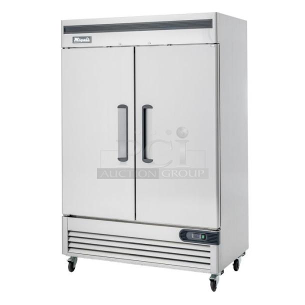 BRAND NEW! 2022 Migali C-2RB-HC Stainless Steel Commercial 2 Door Reach In Cooler w/ Poly Coated Racks on Commercial Casters. 115 Volts, 1 Phase. Serial C-2RB-HCT03220730092T0007. Tested and Working! - Image 1 of 7