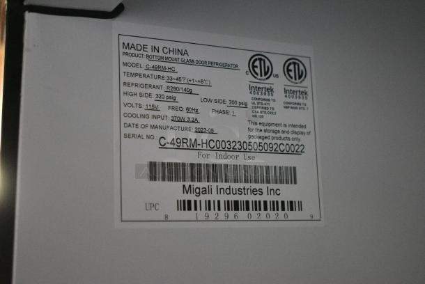 BRAND NEW! 2023 Migali C-49RM-HC Metal Commercial 2 Door Reach In Cooler Merchandiser w/ Poly Coated Racks on Commercial Casters. 115 Volts, 1 Phase. Serial C-49RM-HC003230505092C0022. Tested and Working! - Image 7 of 7