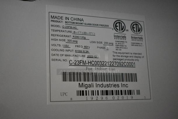 BRAND NEW! 2022 Migali C-23FM-HC Metal Commercial Single Door Reach In Freezer Merchandiser w/ Poly Coated Racks on Commercial Casters. 115 Volts, 1 Phase. Serial C-23FM-HC003221227092C0001. Tested and Working! - Image 6 of 6