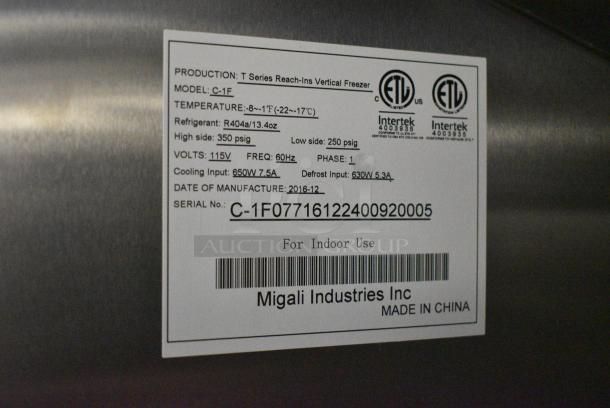 BRAND NEW! 2016 Migali C-1F Stainless Steel Commercial Single Door Reach In Freezer w/ Poly Coated Racks on Commercial Casters. 115 Volts, 1 Phase. Serial C-1F07716122400920005. Tested and Working! - Image 5 of 5