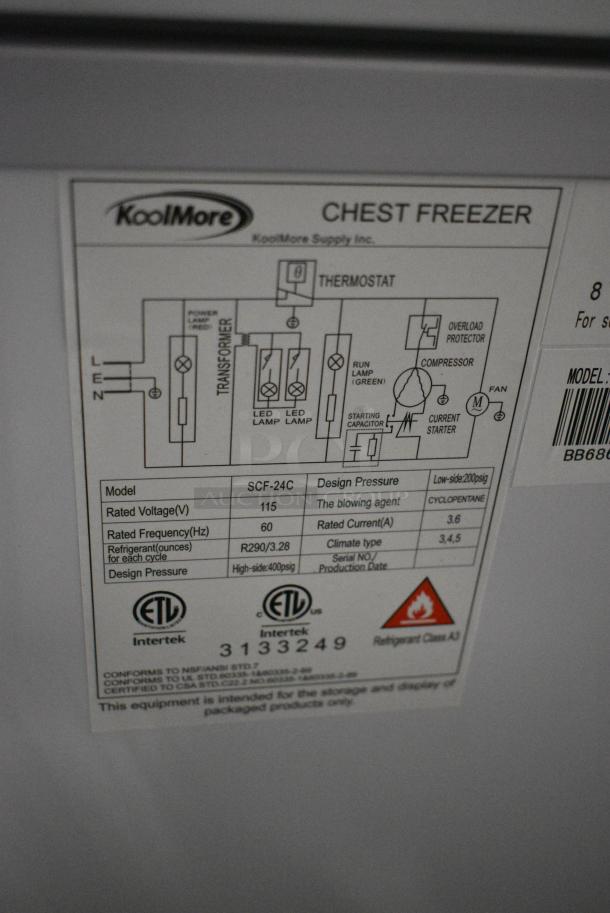 KoolMore SCF-24C Metal Commercial 2 Lid Chest Freezer on Commercial Casters. 115 Volts, 1 Phase. Tested and Working! - Image 7 of 7