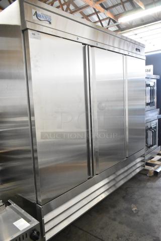 BRAND NEW SCRATCH AND DENT! 2024 Avantco 178SS3RHC Stainless Steel Commercial 3 Door Reach In Cooler w/ Poly Coated Racks on Commercial Casters. 115 Volts, 1 Phase. Tested and Working!