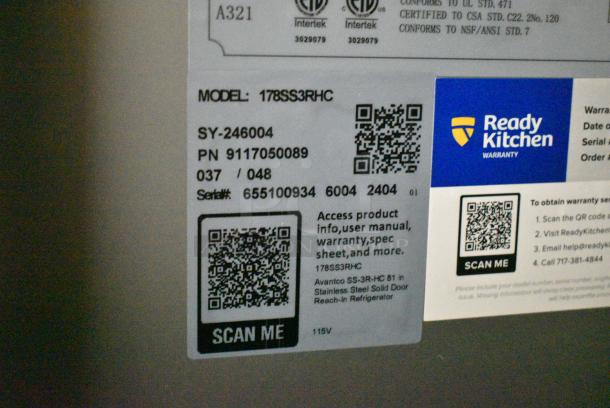 BRAND NEW SCRATCH AND DENT! 2024 Avantco 178SS3RHC Stainless Steel Commercial 3 Door Reach In Cooler w/ Poly Coated Racks on Commercial Casters. 115 Volts, 1 Phase. Tested and Working! - Image 7 of 7