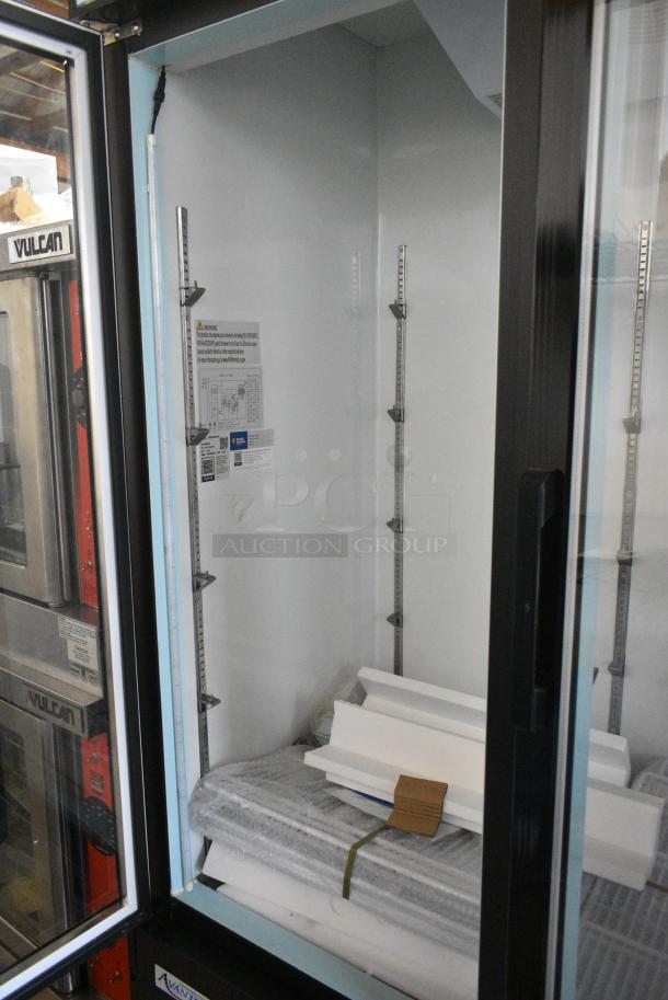 BRAND NEW SCRATCH AND DENT! 2024 Avantco 178GDC69HCB Metal Commercial 3 Door Reach In Cooler Merchandiser w/ Poly Coated Racks. 115 Volts, 1 Phase. Tested and Working! - Image 4 of 6
