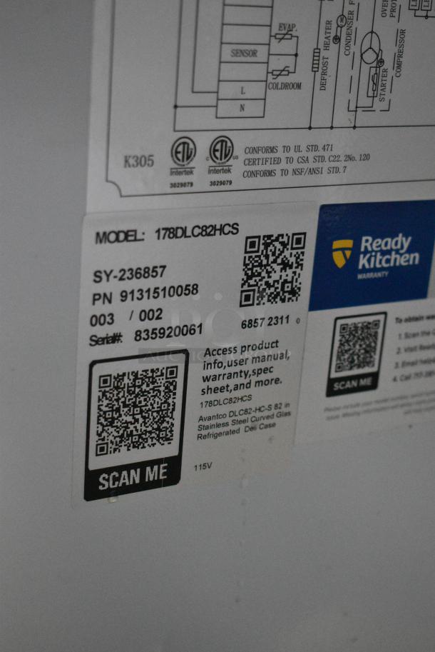 BRAND NEW SCRATCH AND DENT! 2023 Avantco 178DLC82HCS 82" Stainless Steel Curved Glass Refrigerated Deli Case Merchandiser. 115 Volts, 1 Phase. Tested and Working! - Image 5 of 5
