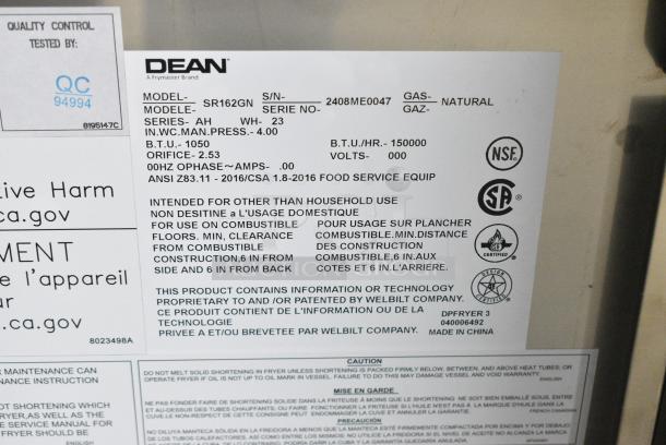 BRAND NEW SCRATCH AND DENT! 2024 Dean SR162GN Stainless Steel Commercial Floor Style Super Runner Natural Gas Floor Fryer w/ 2 Metal Fry Baskets 60-75 lb. 150,000 BTU. - Image 7 of 7