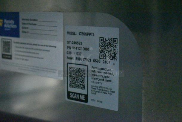 BRAND NEW SCRATCH AND DENT! 2024 Avantco 178SSPPT3 Stainless Steel Commercial 3 Door Refrigerated Pizza Prep Table on Commercial Casters. 115 Volts, 1 Phase. Tested and Working! - Image 12 of 13