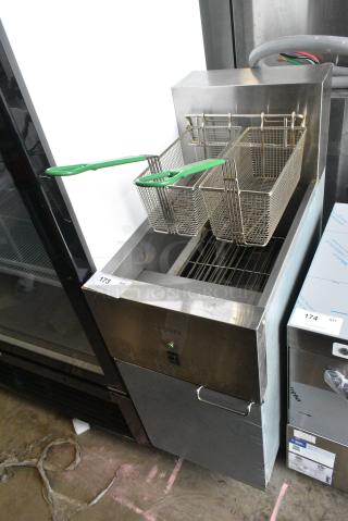BRAND NEW SCRATCH AND DENT! 2022 Frymaster Dean SR114ESD Stainless Steel Commercial Floor Style Electric Powered Deep Fat Fryer w/ 2 Metal Fry Baskets. 208 Volts, 1 Phase.