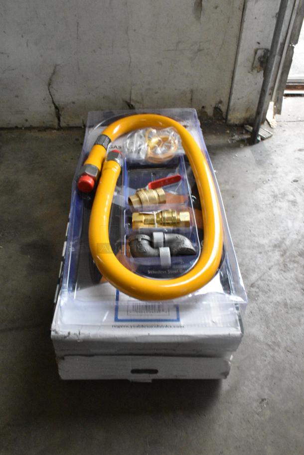 3 BRAND NEW SCRATCH AND DENT! Regency 600GKM1060 60" Mobile Gas Connector Hose Kit with 2 Elbows, Full Port Valve, Restraining Device, and Quick Disconnect - 1". 3 Times Your Bid! - Image 1 of 7
