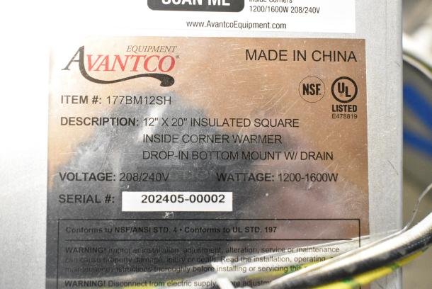 BRAND NEW SCRATCH AND DENT! 177BM12SH Avantco BM-12SH Bottom Mount Drop-In Full Size Hot Food Well with Square Inside Corners and Drain. 240 Volts, 1 Phase. - Image 5 of 5