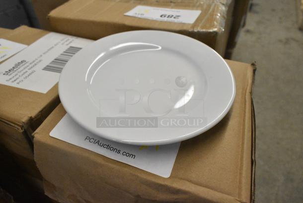 4 BRAND NEW SCRATCH AND DENT! Boxes of 12 Steelite 6900E506 Varick Classic Cafe from Steelite International 6 1/2" Bright White Wide Rim Plate. 4 Times Your Bid! - Image 1 of 3