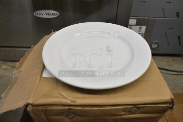 4 BRAND NEW SCRATCH AND DENT! Boxes of 12 Steelite 6900E506 Varick Classic Cafe from Steelite International 6 1/2" Bright White Wide Rim Plate. 4 Times Your Bid! - Image 1 of 4