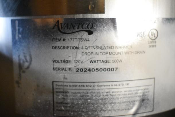 BRAND NEW SCRATCH AND DENT! 2024 Avantco 177TPSW4 Stainless Steel 4 Quart Insulated Warmer. 120 Volts, 1 Phase. Tested and Working! - Image 4 of 5