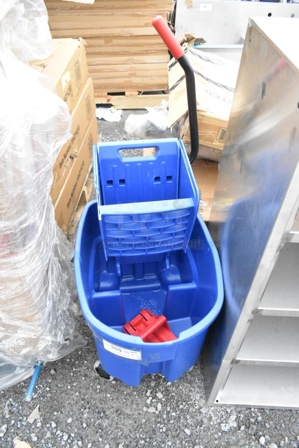 BRAND NEW SCRATCH AND DENT! Rubbermaid Blue Poly Mop Bucket w/ Wringing Attachment on Commercial Casters - Image 2 of 6