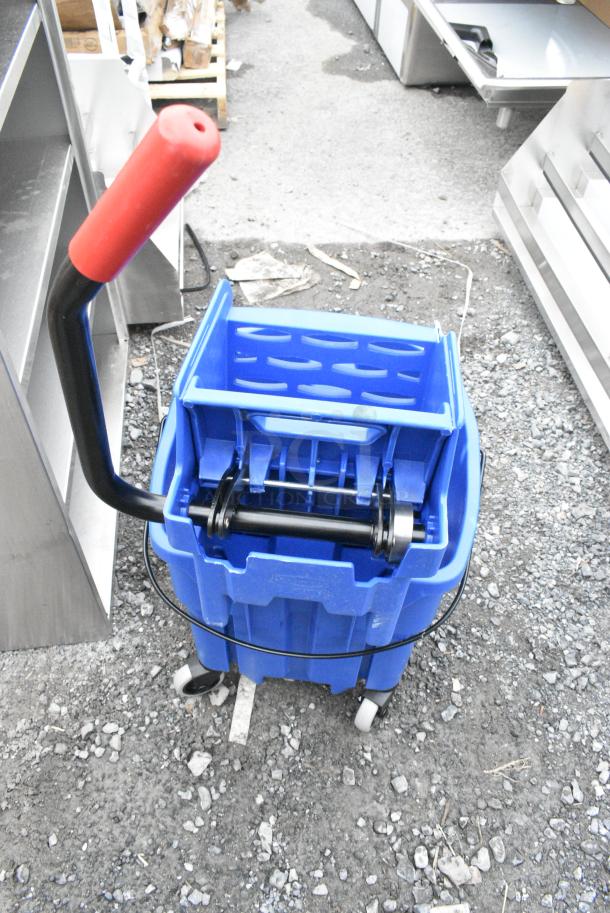 BRAND NEW SCRATCH AND DENT! Rubbermaid Blue Poly Mop Bucket w/ Wringing Attachment on Commercial Casters - Image 5 of 6