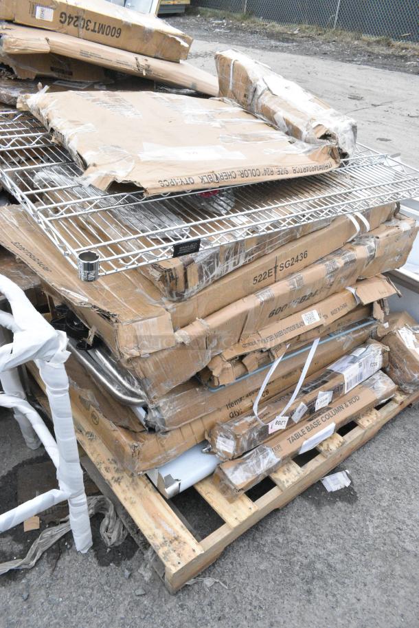 13 BRAND NEW SCRATCH AND DENT! Items Including 34924RTCB Lancaster Table & Seating 24" Laminated Round Table Top Reversible Cherry / Black, 427BASEGRNGY Lancaster Table & Seating 110 lb. Gray Square Granite Umbrella Base, 522ETSG2436 24" x 36" 18 Gauge 430 Stainless Steel Work Table with Undershelf, 600TSB2436S Regency 24" x 36" 16-Gauge Stainless Steel Commercial Work Table with 4" Backsplash and Undershelf, Three 427TB3636 Lancaster Table & Seating Excalibur 36" x 36" Cross Outdoor Table Base Plate, 164TCOLROD25 Lancaster Table & Seating 25 3/16" Standard Height Table Base Column and Rod, 460SS2436 Regency Spec Line 24" x 36" NSF Stainless Steel Solid Shelf. 13 Times Your Bid! - Image 1 of 11