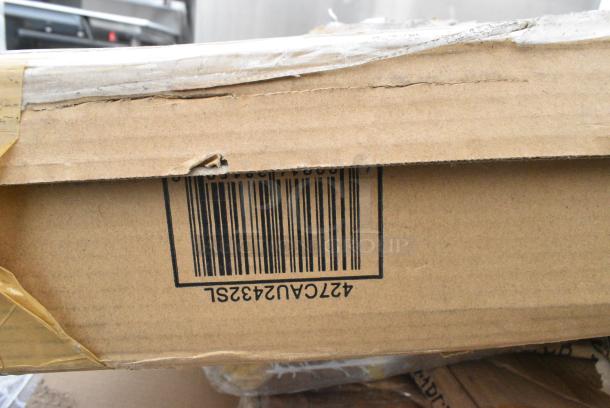 9 BRAND NEW SCRATCH AND DENT! Items Including 427CAU2432SL Lancaster Table & Seating 24" x 32" Silver Powder-Coated Aluminum Dining Height Outdoor Table with Umbrella Hole, 164RS36SS Lancaster Table & Seating Stainless Steel Silver 36" Crowd Control / Guidance Stanchion with 78" Retractable Belt, 600LEGSS711 Regency 28" Stainless Steel Leg for Work Tables - 5" Casters Required, 2 34924RTCB Lancaster Table & Seating 24" Laminated Round Table Top Reversible Cherry / Black. 9 Times Your Bid! - Image 3 of 8