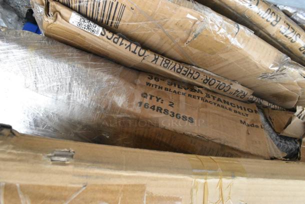 9 BRAND NEW SCRATCH AND DENT! Items Including 427CAU2432SL Lancaster Table & Seating 24" x 32" Silver Powder-Coated Aluminum Dining Height Outdoor Table with Umbrella Hole, 164RS36SS Lancaster Table & Seating Stainless Steel Silver 36" Crowd Control / Guidance Stanchion with 78" Retractable Belt, 600LEGSS711 Regency 28" Stainless Steel Leg for Work Tables - 5" Casters Required, 2 34924RTCB Lancaster Table & Seating 24" Laminated Round Table Top Reversible Cherry / Black. 9 Times Your Bid! - Image 4 of 8