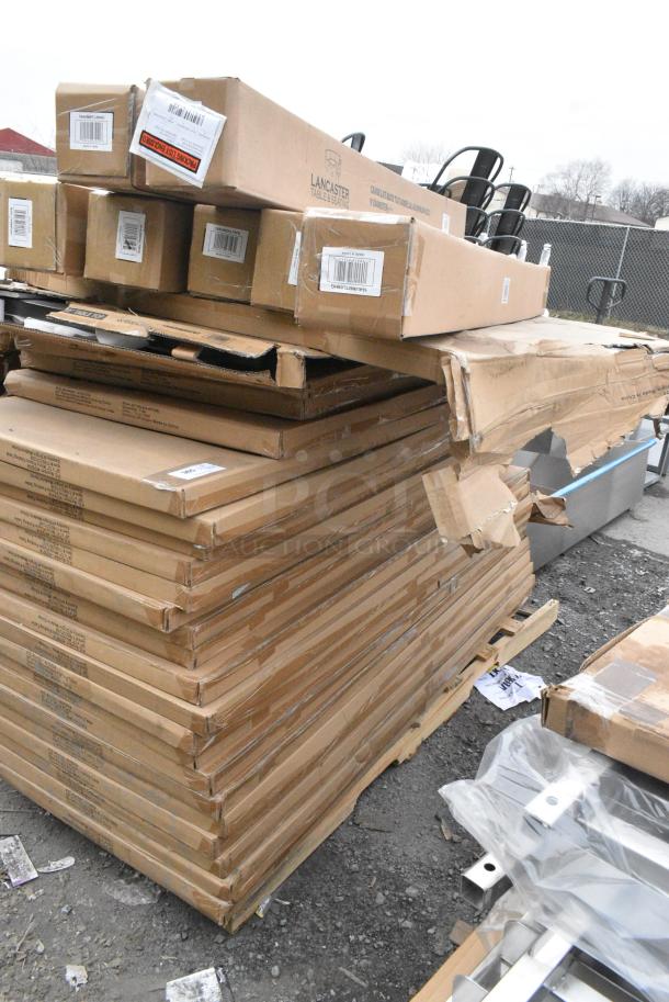 29 BRAND NEW SCRATCH AND DENT! Items Including 4 164UMBAL75PB Patio Umbrella, 2 164UMBTL09HG Patio Umbrella, 3493060ANTGY Lancaster Table &amp; Seating Industrial 30" x 60" Solid Wood Live Edge Table Top with Antique Slate Gray Finish, 3 384YCZ32RNDB Lancaster Table & Seating 32" Round Granite White Heavy-Duty Blow Molded Bar Height Plastic Folding Table, 19 176ECO7230 30"x72" White Plastic Folding Table. 29 Times Your Bid! - Image 1 of 7