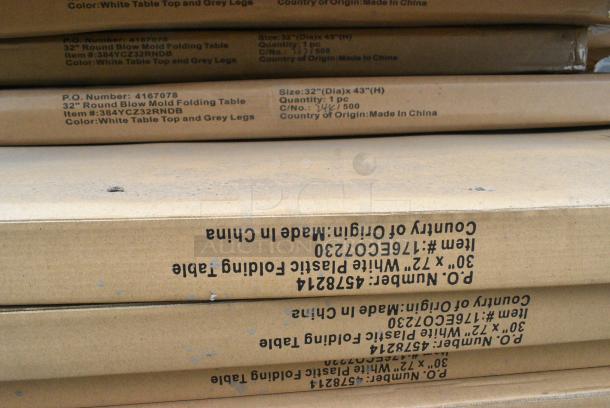 29 BRAND NEW SCRATCH AND DENT! Items Including 4 164UMBAL75PB Patio Umbrella, 2 164UMBTL09HG Patio Umbrella, 3493060ANTGY Lancaster Table &amp; Seating Industrial 30" x 60" Solid Wood Live Edge Table Top with Antique Slate Gray Finish, 3 384YCZ32RNDB Lancaster Table & Seating 32" Round Granite White Heavy-Duty Blow Molded Bar Height Plastic Folding Table, 19 176ECO7230 30"x72" White Plastic Folding Table. 29 Times Your Bid! - Image 7 of 7