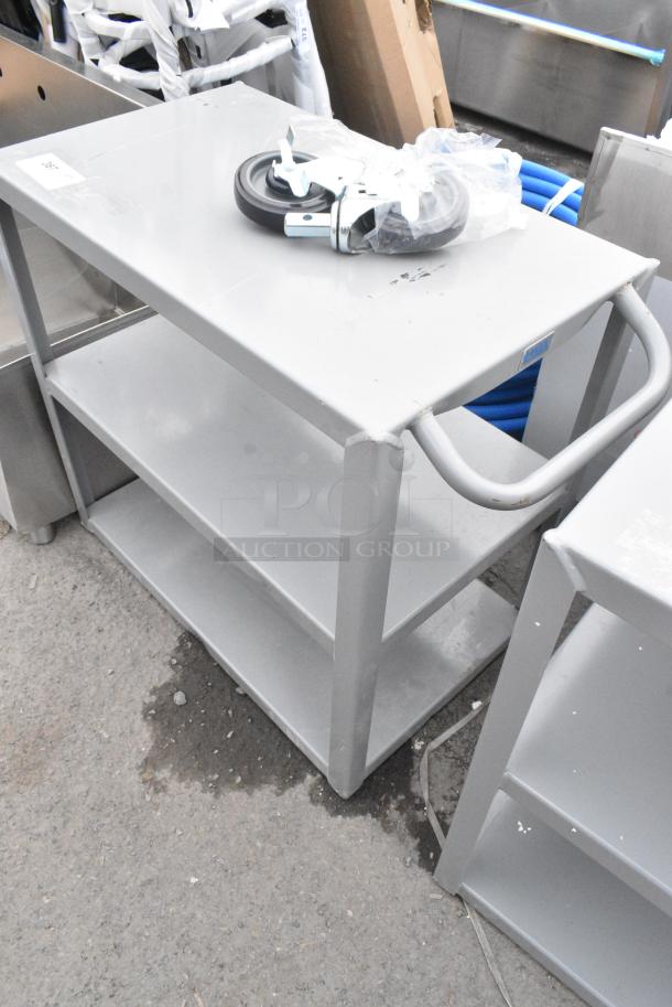 BRAND NEW SCRATCH AND DENT! Lavex Gray Metal 3 Tier Cart w/ 2 Commercial Casters. - Image 3 of 4