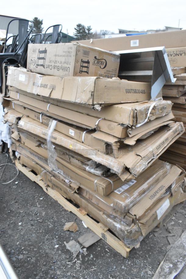 14 BRAND NEW SCRATCH AND DENT! Items Including 190CARTBUSGY Choice Utility / Bussing Cart with Three Shelves - 32" x 16", 600TSB3048S Regency 30" x 48" 16-Gauge Stainless Steel Commercial Work Table with 4" Backsplash and Undershelf, 460ECSC1836 Regency NSF Chrome Wire Security Cage - 18" x 36" x 61", 400010098750, 522ETOB3060 Steelton 30" x 60" 18-Gauge 430 Stainless Steel Open Base Work Table, 460EC2448 Regency 24" x 48" NSF Chrome Wire Shelf, 600TSB3072S Regency 30" x 72" 16-Gauge Stainless Steel Commercial Work Table with 4" Backsplash and Undershelf. 14 Times Your Bid! - Image 1 of 9