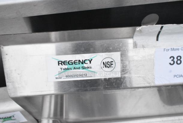 BRAND NEW SCRATCH AND DENT! Regency 600S31014212 58" 16-Gauge Stainless Steel Three Compartment Commercial Sink with Galvanized Steel Legs and 2 Drainboards - 10" x 14" x 10" Bowls. No Legs. - Image 5 of 5