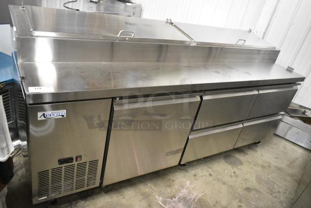 BRAND NEW SCRATCH AND DENT! 2024 Avantco 178SSPPT3 Stainless Steel Commercial 3 Door Refrigerated Pizza Prep Table on Commercial Casters. 115 Volts, 1 Phase. Tested and Working! - Image 1 of 13