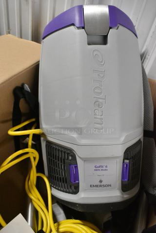 BRAND NEW SCRATCH AND DENT! ProTeam GoFit 6 107750 6 Qt. Backpack Vacuum with 107628 Telescoping Wand and 107016 Xover Multi-Surface Tool. 120 Volts, 1 Phase.
