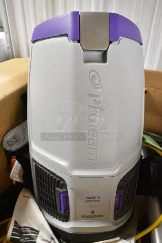 BRAND NEW SCRATCH AND DENT! ProTeam GoFit 6 107749 6 Qt. Backpack Vacuum with 101338 2-Piece Wand and 107016 Xover Multi-Surface Tool . 120 Volts, 1 Phase.