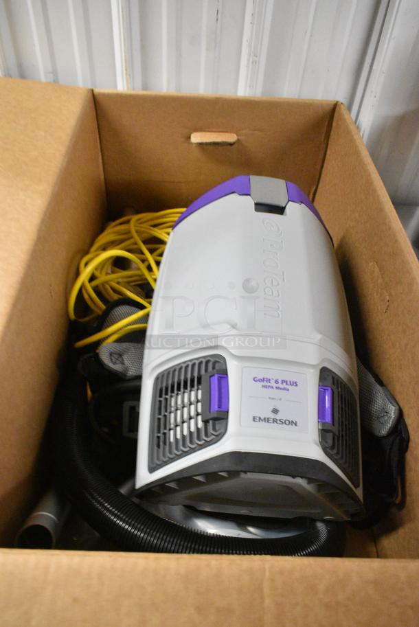 BRAND NEW SCRATCH AND DENT! ProTeam GoFit 6 PLUS 107705 6 Qt. Backpack Vacuum with 107100 Xover Multi-Surface Telescoping Wand Kit. 120 Volts, 1 Phase. - Image 1 of 6