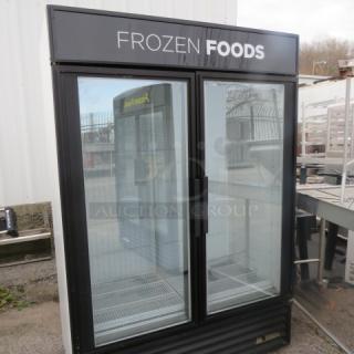 One TRUE  2 Door Glass Display Freezer With 8 Racks. Model# GDM-49F. Unable To Test. 115/208-230 Volt. 54X30X78