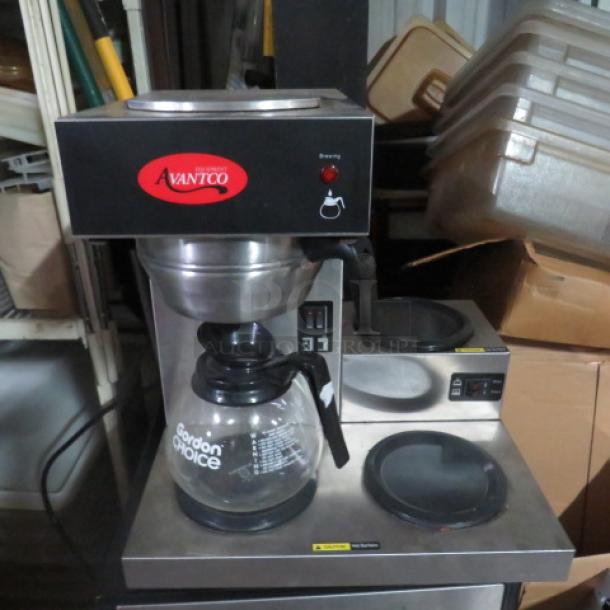 One Avantco Coffee Brewer With 3 Warmers, Filter Basket And 1 Pot. Model# C30. 120 Volt. 1690 Watt. 16X14X17. $258.99 - Image 1 of 2