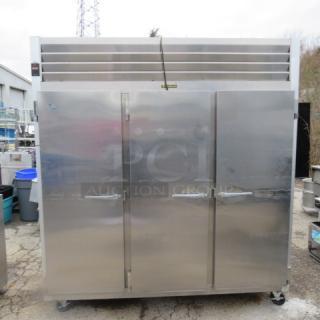 One WORKING Traulsen 3 Door Refrigerator With 9 Racks, On Casters. Model# G30011. 115 Volt. 76X32X84. $8510.36.