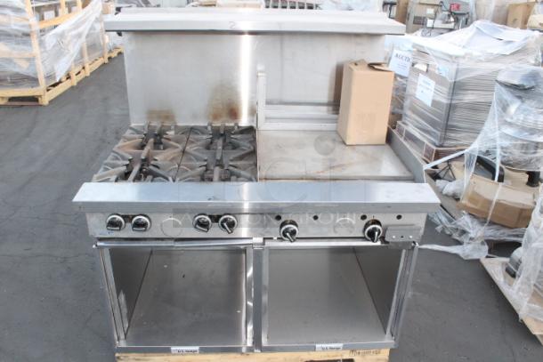 U.S. Range U48-4G24SS Natural Gas 4 Burner 48" Range with 24" Manual Griddle and Cabinet Base - 164,000 BTU. Rail holding the gas line is damaged. Missing some screws. Used Once. See photos. 47 1/4 x 34 1/2 x 57 - Image 6 of 9