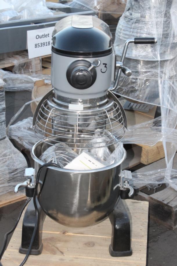 BRAND NEW SCRATCH AND DENT! Centerline by Hobart HMM20-1STD 20 Qt. Planetary Stand Mixer with Guard & Standard Accessories - 120V, 1/2 hp 21 3/4 x 21 5/8 x 33 5/16. SERIAL NO. EX - 0004 - 606.  Minor dent on top back of unit. see photos. - Image 1 of 7