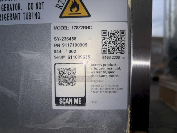 BRAND NEW SCRATCH & DENT! Avantco Z2-R-HC 54" Solid Door Stainless Steel Reach-In Refrigerator. 115v 54 x 32-3/16 x 81-11/16, Serial: 211565611 6868 2409. - Image 4 of 6