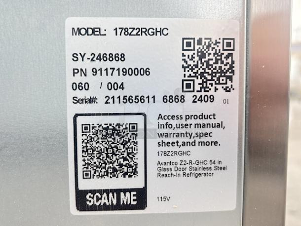 BRAND NEW SCRATCH & DENT! Avantco Z2-R-GHC 54" Glass Door Stainless Steel Reach-In Refrigerator. Glass is broken and the top is dented. 115v, 54 x 31-3/8 x 81-11/16 S/N: 211565611 6868 2409 - Image 3 of 6