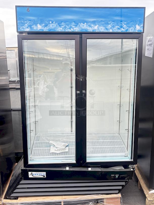 BRAND NEW SCRATCH & DENT! Avantco GDC-40-HC 48" Black Customizable Swing Glass Door Merchandiser Refrigerator with LED Lighting. 48 x 25-5/8 x 85-3/8. Base is bent & power cord has been removed. - Image 1 of 4