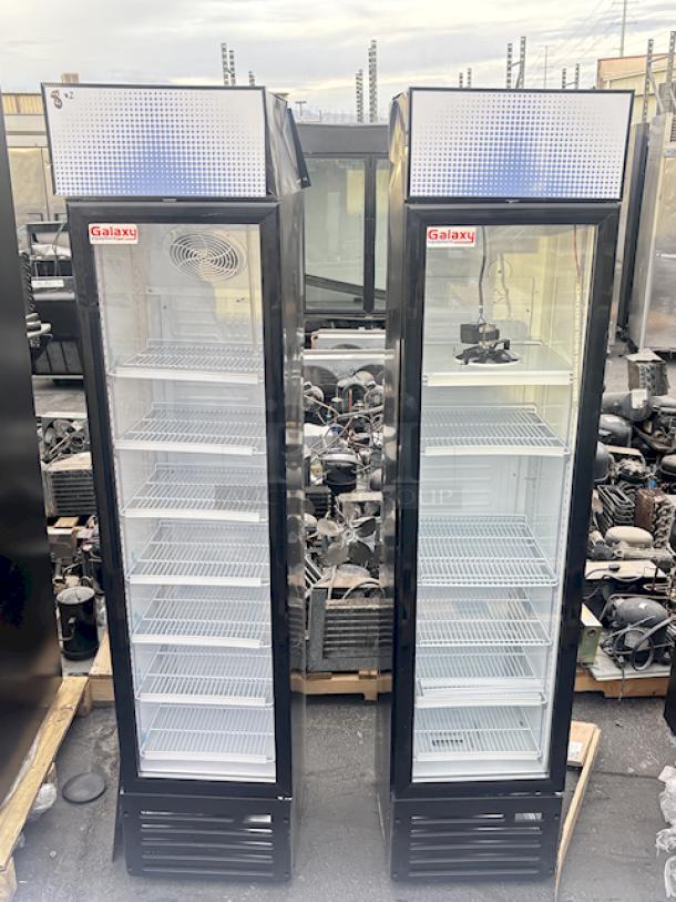 BRAND NEW SCRATCH & DENT! Galaxy GDN-5 16 9/16" Black Swing Glass Door Merchandiser Refrigerator with Red, White, and Blue LED Lighting. Missing Power Cords. See photos.  2x Your Bid. - Image 1 of 10