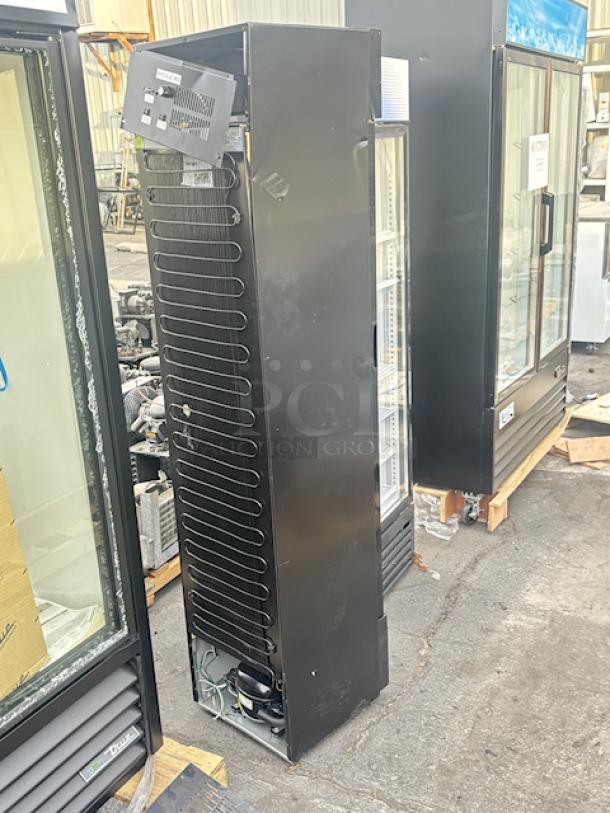 BRAND NEW SCRATCH & DENT! Galaxy GDN-5 16 9/16" Black Swing Glass Door Merchandiser Refrigerator with Red, White, and Blue LED Lighting. Missing Power Cords. See photos.  2x Your Bid. - Image 2 of 10