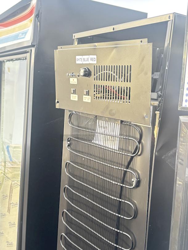 BRAND NEW SCRATCH & DENT! Galaxy GDN-5 16 9/16" Black Swing Glass Door Merchandiser Refrigerator with Red, White, and Blue LED Lighting. Missing Power Cords. See photos.  2x Your Bid. - Image 3 of 10