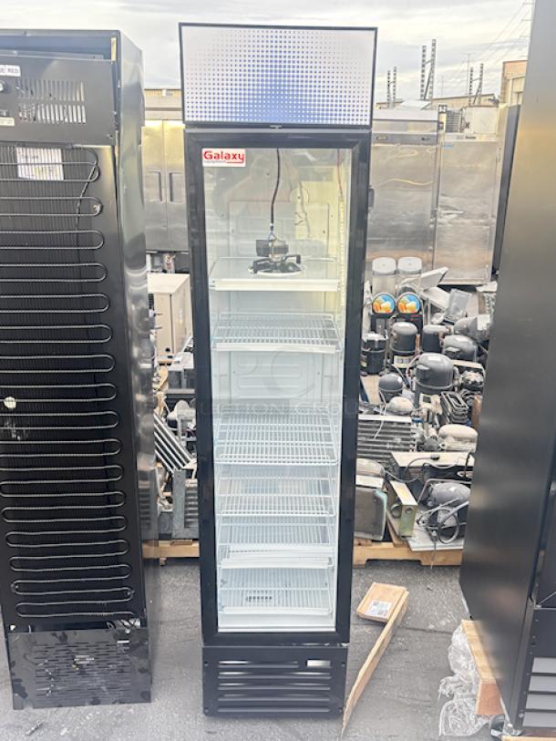BRAND NEW SCRATCH & DENT! Galaxy GDN-5 16 9/16" Black Swing Glass Door Merchandiser Refrigerator with Red, White, and Blue LED Lighting. Missing Power Cords. See photos.  2x Your Bid. - Image 6 of 10