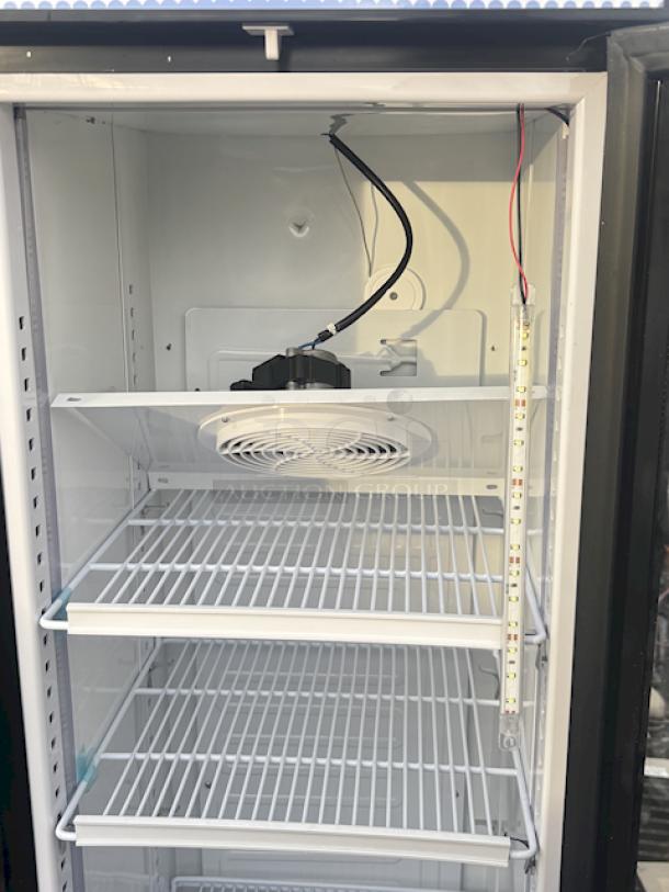 BRAND NEW SCRATCH & DENT! Galaxy GDN-5 16 9/16" Black Swing Glass Door Merchandiser Refrigerator with Red, White, and Blue LED Lighting. Missing Power Cords. See photos.  2x Your Bid. - Image 7 of 10