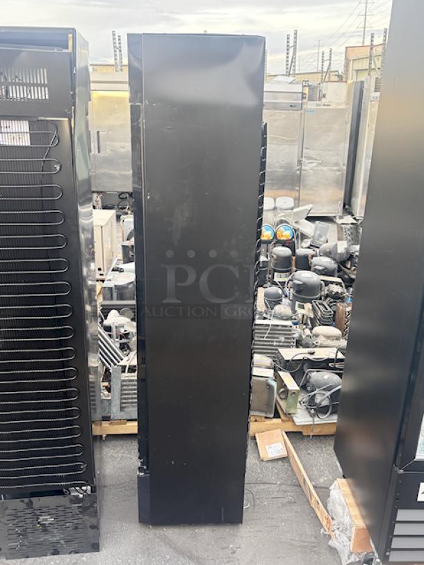 BRAND NEW SCRATCH & DENT! Galaxy GDN-5 16 9/16" Black Swing Glass Door Merchandiser Refrigerator with Red, White, and Blue LED Lighting. Missing Power Cords. See photos.  2x Your Bid. - Image 8 of 10