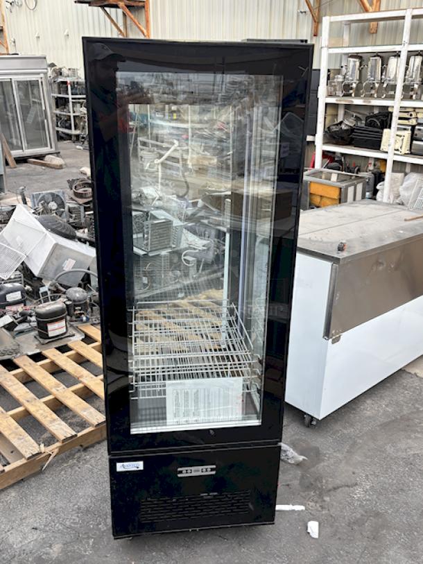 BRAND NEW SCRATCH & DENT! Avantco GD4C-15-HC Black 4-Sided Glass Refrigerated Display Case On Commercial Casters, 115v. S/N: 1494604240042 25-1/2 x 25-1/2 x 74-13/16 Outer glass pane on left side is broken. - Image 1 of 9