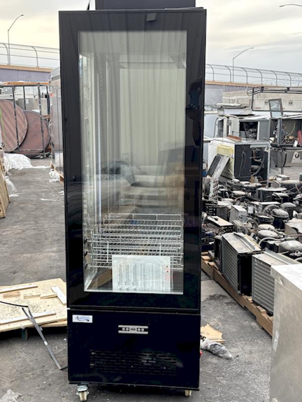 BRAND NEW SCRATCH & DENT! Avantco GD4C-15-HC Black 4-Sided Glass Refrigerated Display Case On Commercial Casters, 115v. S/N: 1494604240042 25-1/2 x 25-1/2 x 74-13/16 Outer glass pane on left side is broken. - Image 7 of 9
