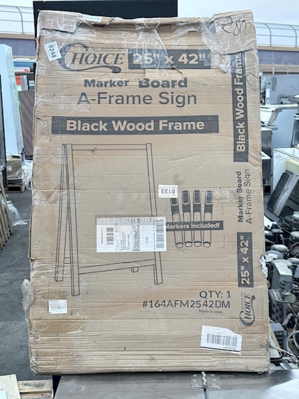 BRAND NEW SCRATCH & DENT! Choice A-Frame Marker Board Sidewalk Sign - Black Wood - 25" x 42". IN ORIGINAL PACKAGING!! - Image 1 of 1