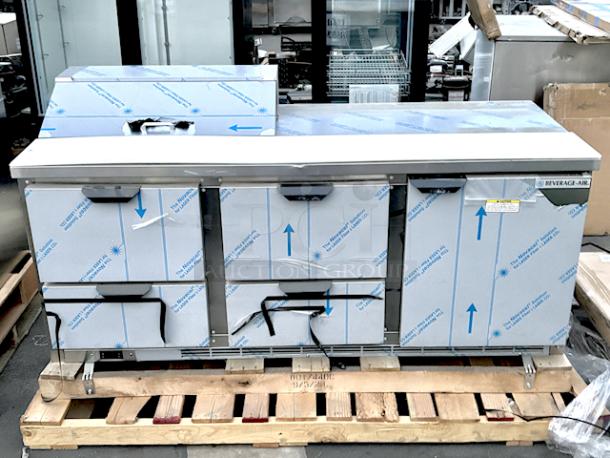 BRAND NEW SCRATCH & DENT! Beverage-Air SPED72HC-08-4 72" 1 Door 4 Drawer Refrigerated Sandwich Prep Table. 115v/1ph/9.6amps/60Hz. Minor Denting. - Image 1 of 1